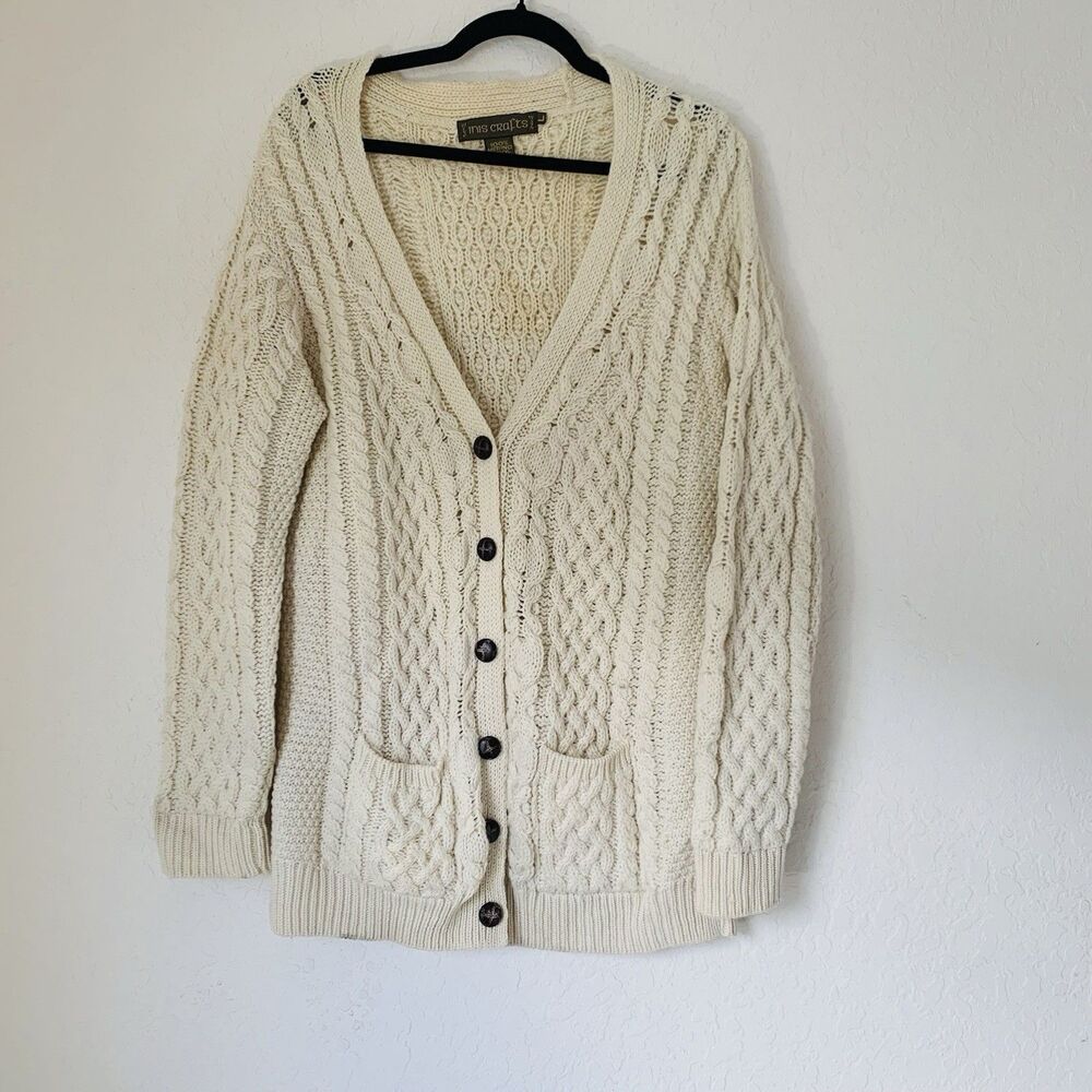 Inis Crafts‎ Sweater Cardigan Women L Beige Wool Fisherman Cable Knit Ireland